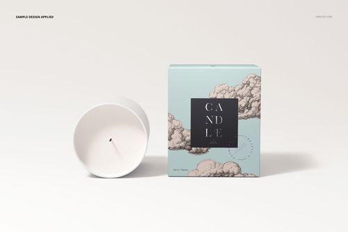 Front view of a cotton wick candle and a matching box mockup, featuring a white candle and a blue box with cloud illustrations.