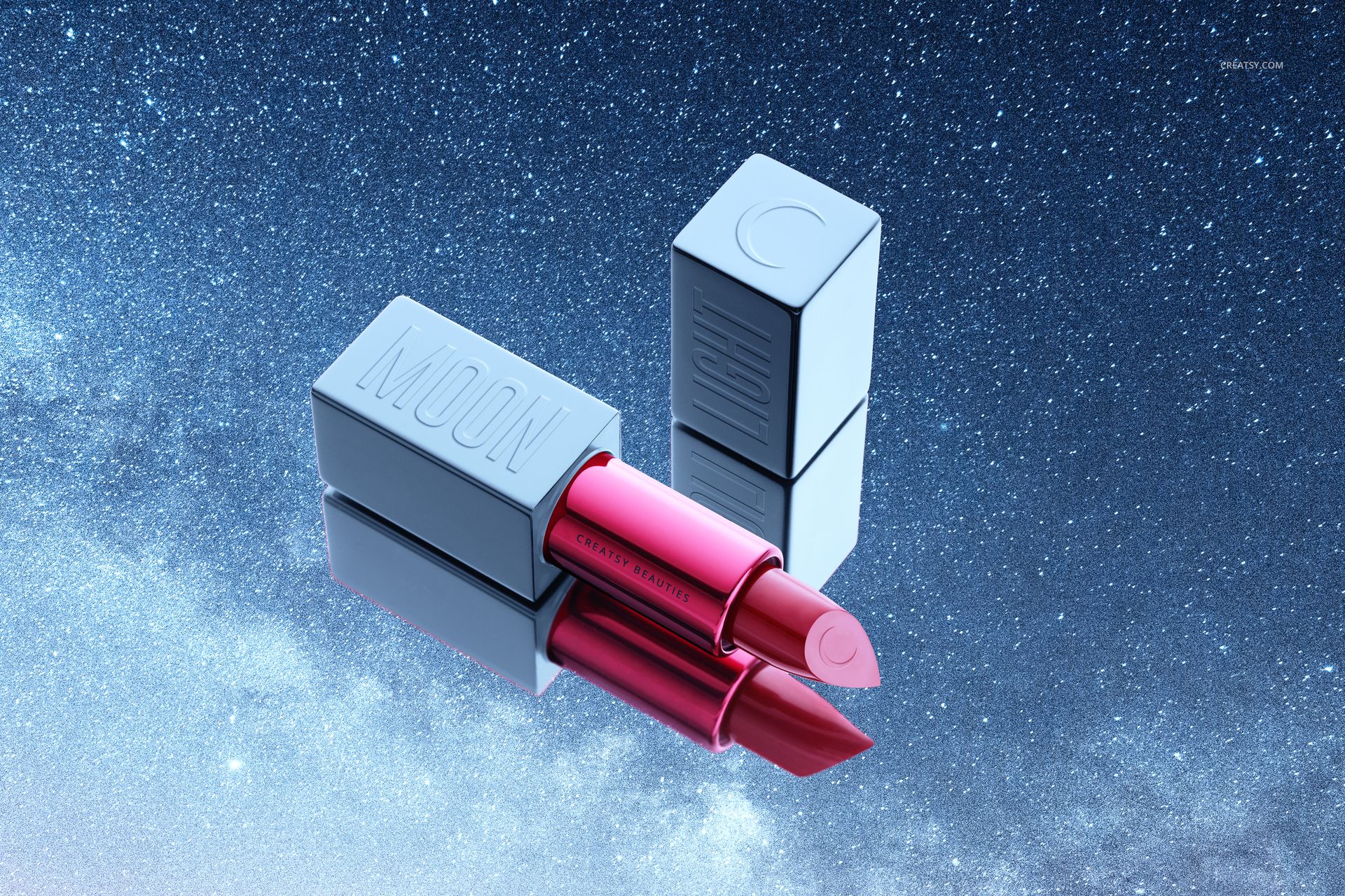 Cosmetics mockup featuring open and closed lipsticks in metallic hues, set before a detailed galaxy night sky scene.