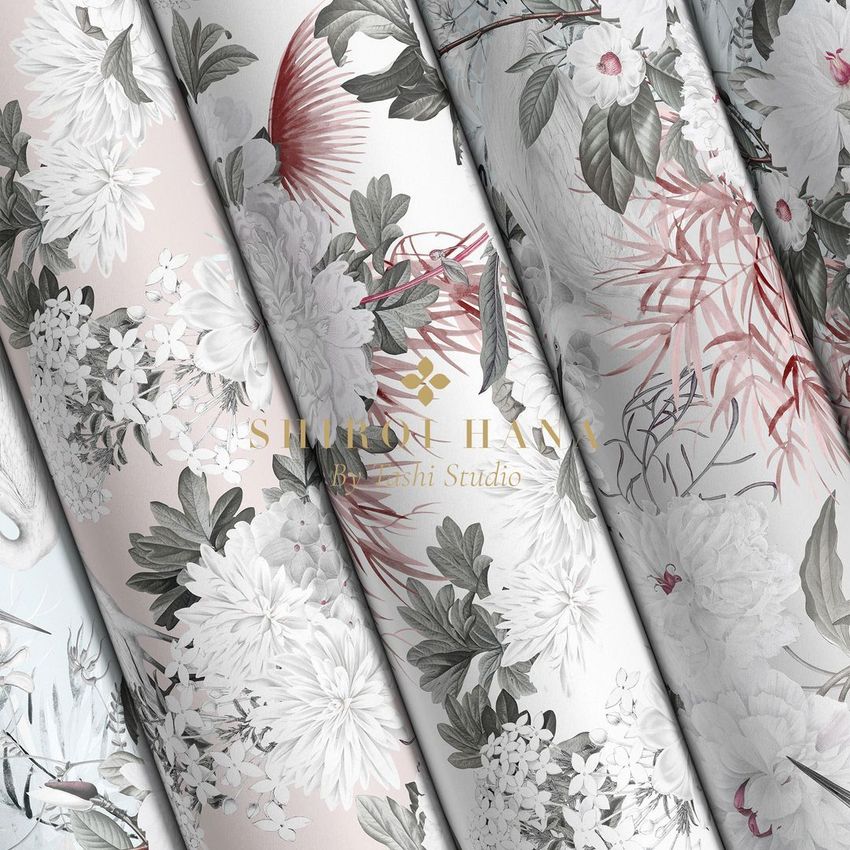 Paper wallpaper mockup showing four rolled sheets with floral patterns in soft pastel shades, viewed from above.