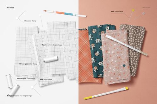 PSD mockup showing folded jersey fabrics with floral and geometric designs, alongside sewing accessories on a divided background.