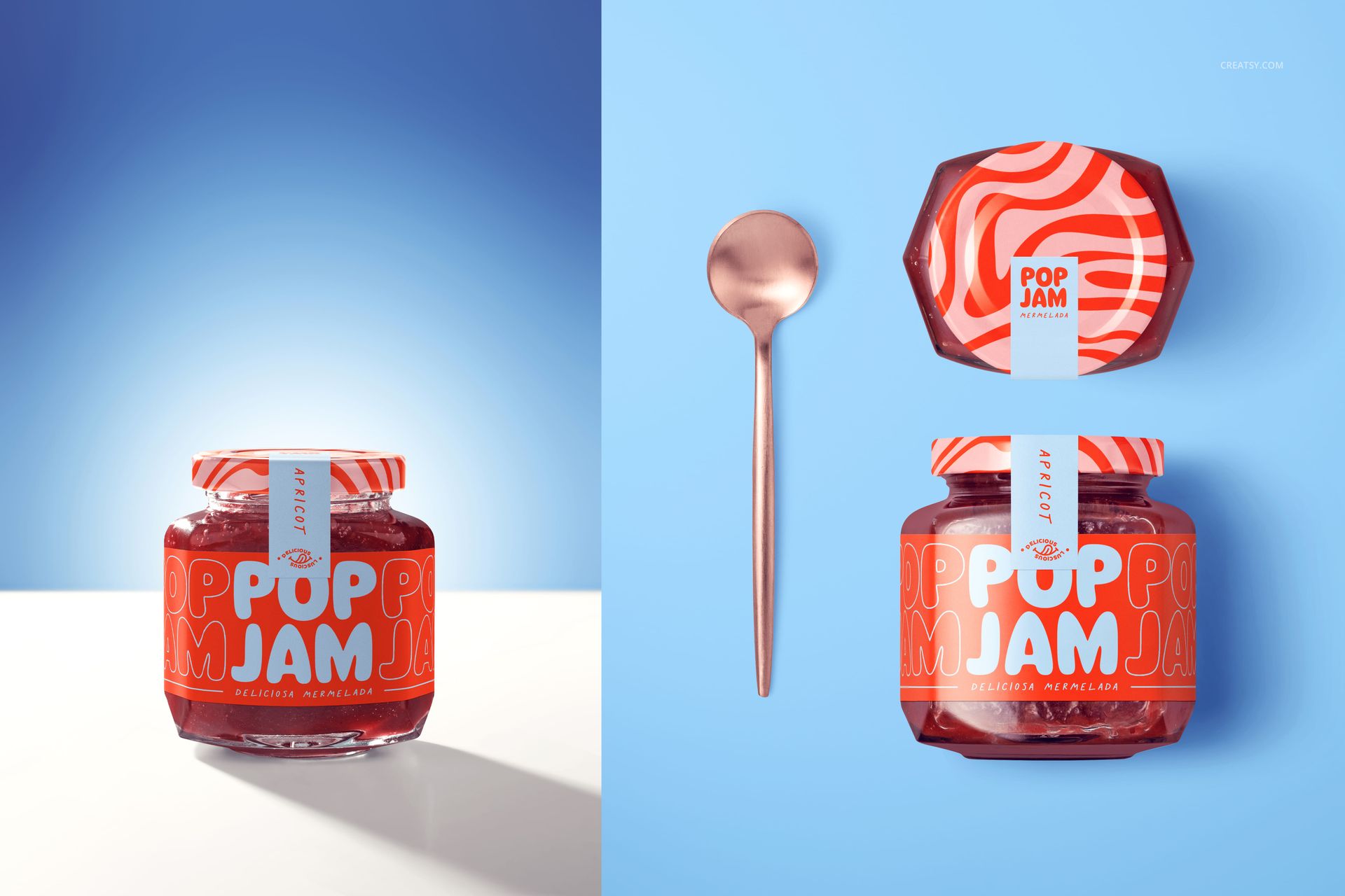 PSD mockup featuring a jam jar with red contents, bold graphic label, and matching lid, displayed in two perspectives.