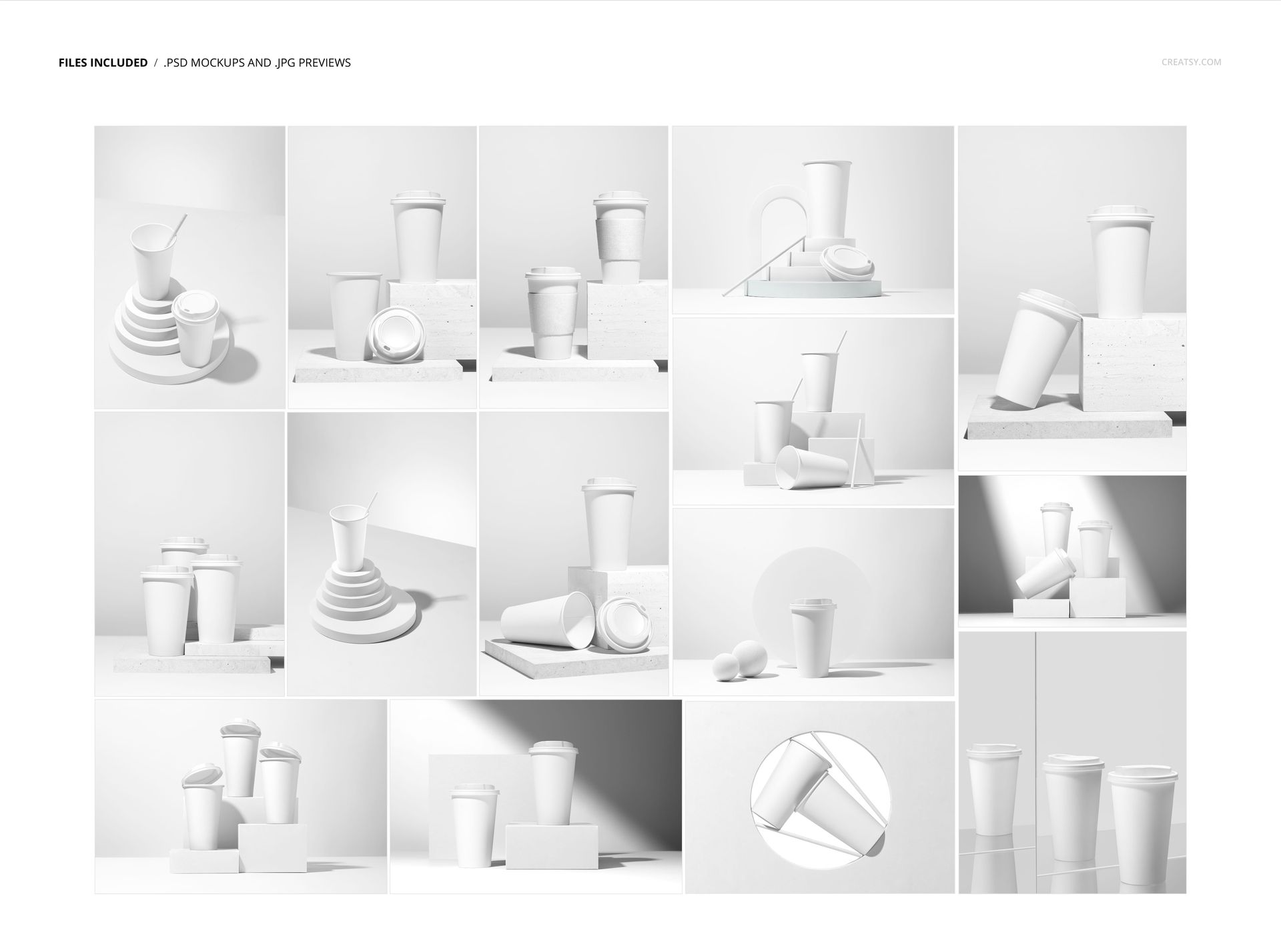 PSD mockup collection featuring paper cups in assorted groupings, viewed from front, side, and top perspectives.