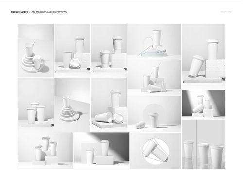 PSD mockup collection featuring paper cups in assorted groupings, viewed from front, side, and top perspectives.