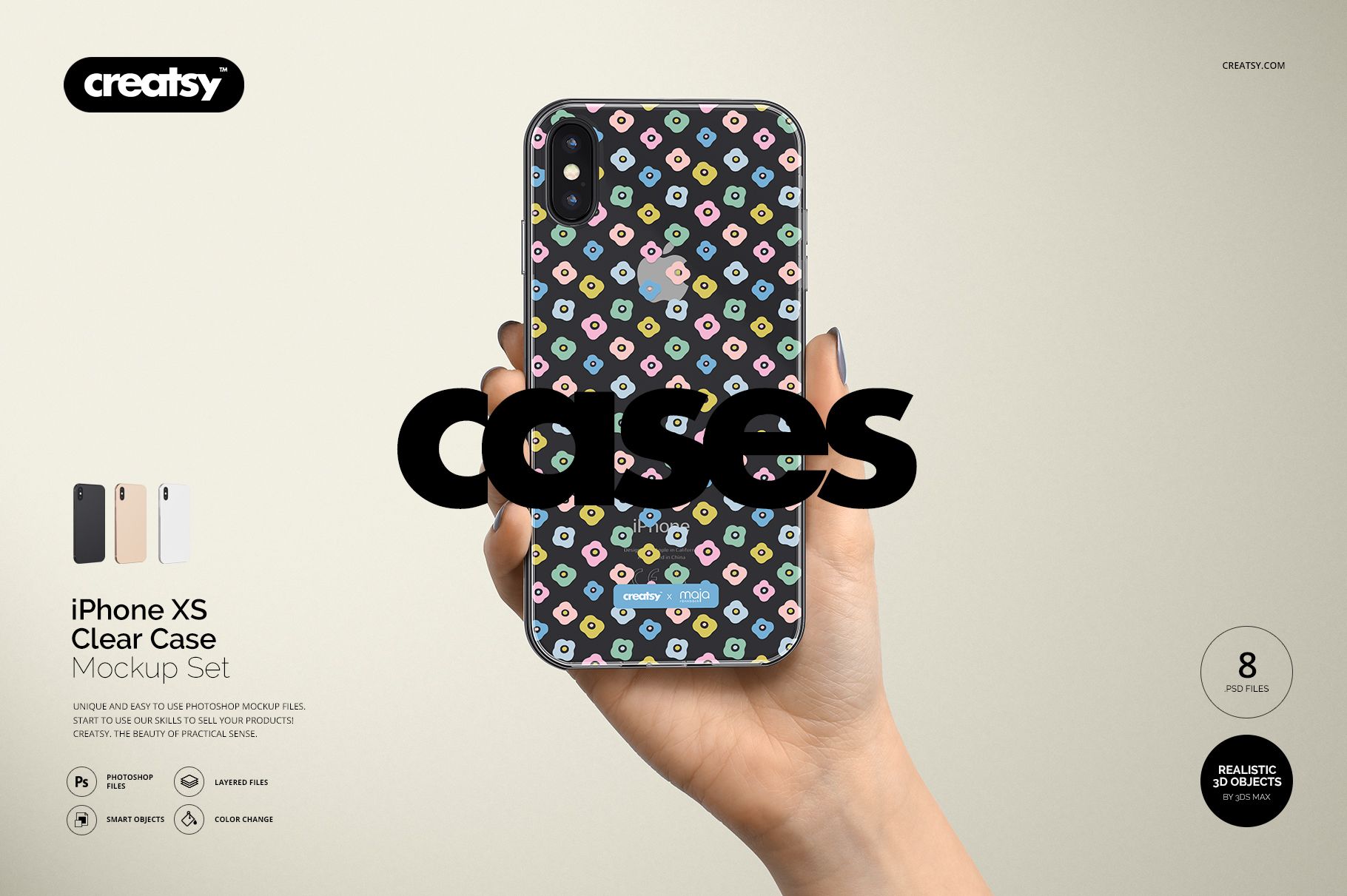 iPhone XS clear case mockup displayed in hand, showing a multicolor geometric design and three phone color options.