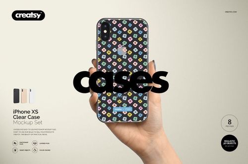 iPhone XS clear case mockup displayed in hand, showing a multicolor geometric design and three phone color options.
