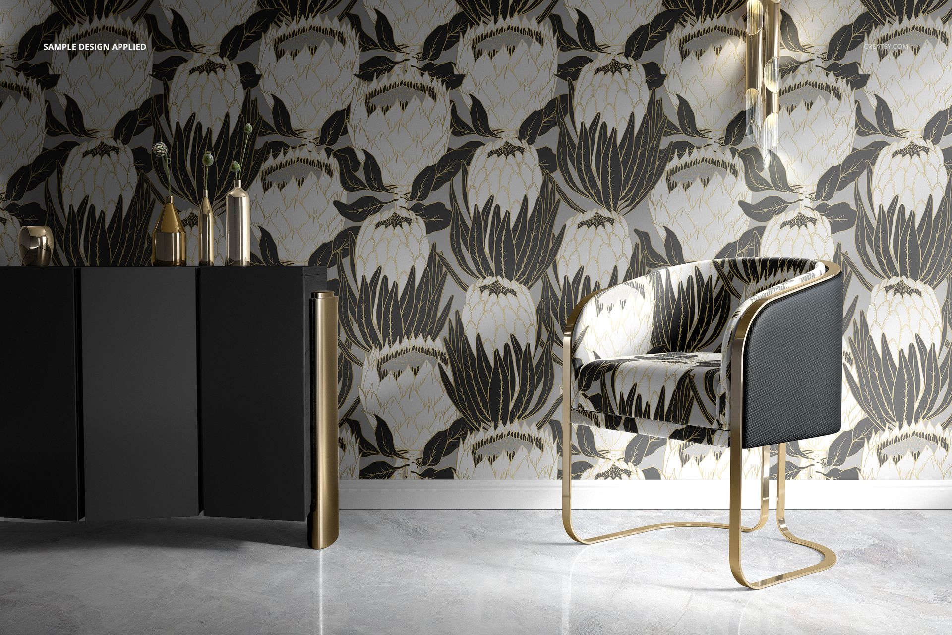 PSD mockup showing a stylish living room with a black sideboard, velvet chair, and decorative floral wall design.