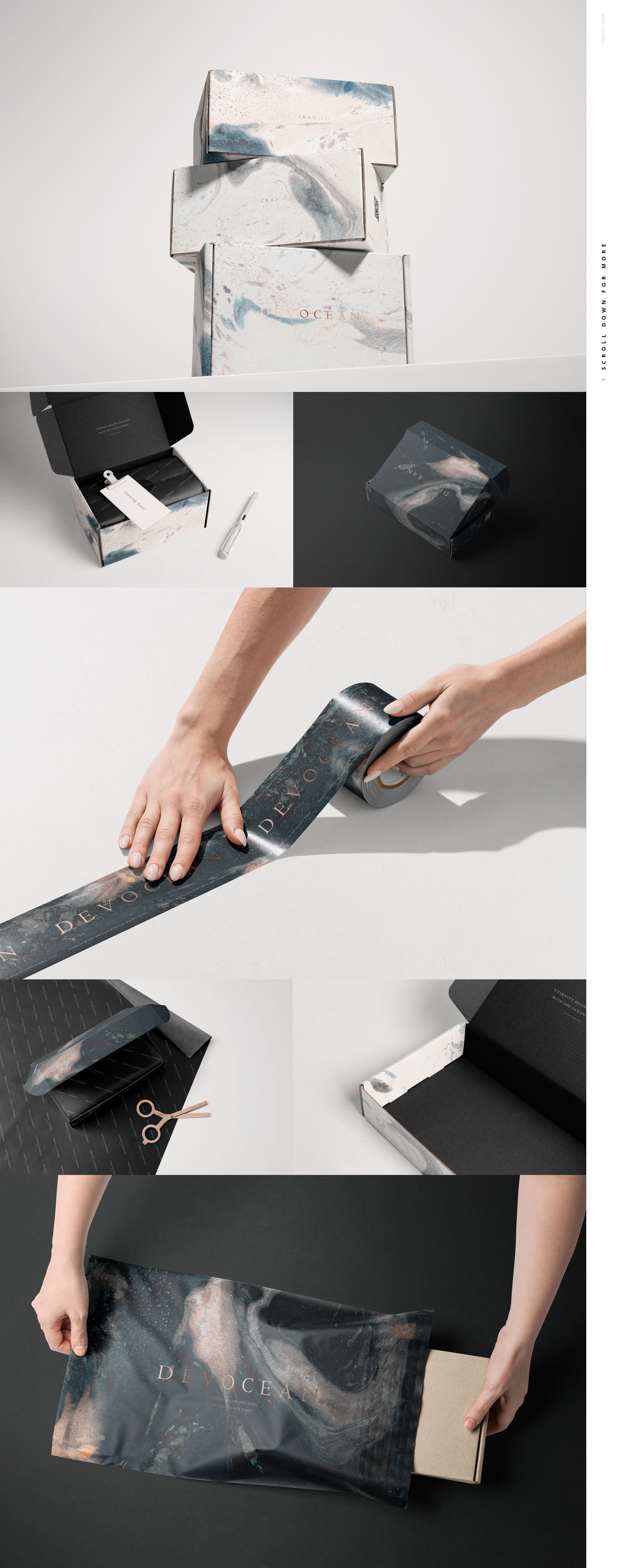 Various mailing boxes and packaging mockups with abstract patterns, shown in different shapes and perspectives.