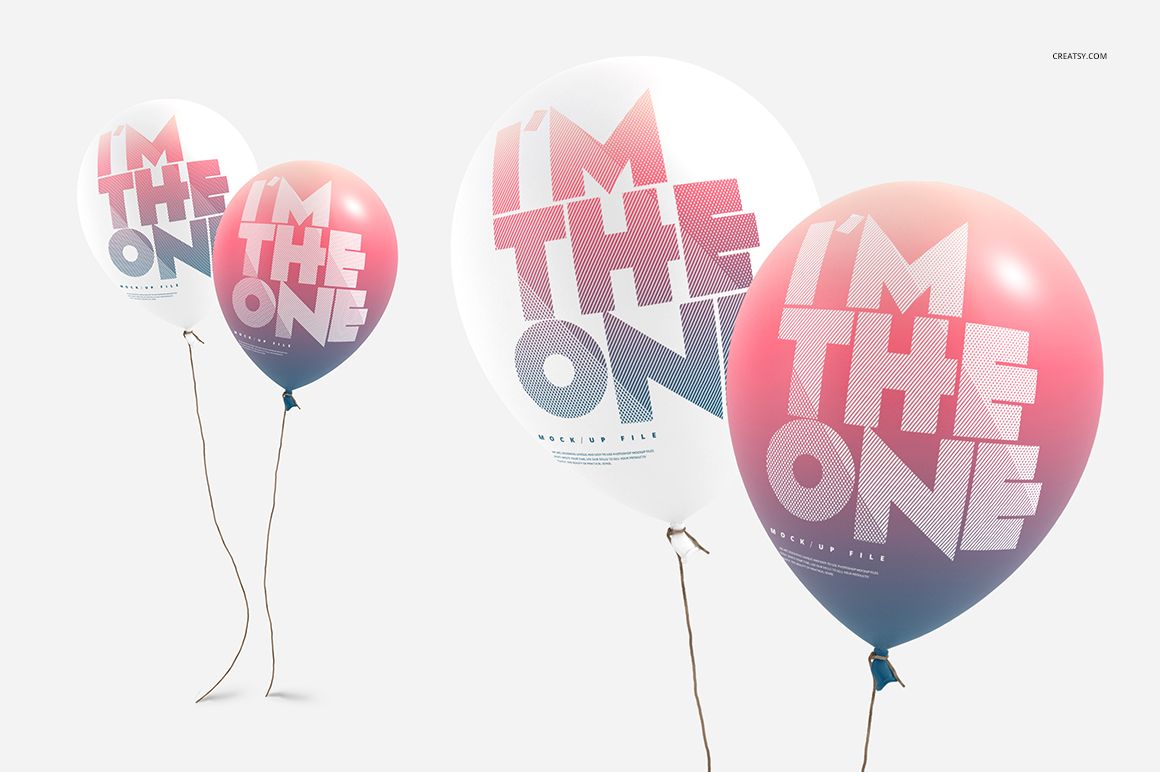 PSD mockup of party balloons with modern typography, two with pink-blue gradients and one in white, all with strings attached.