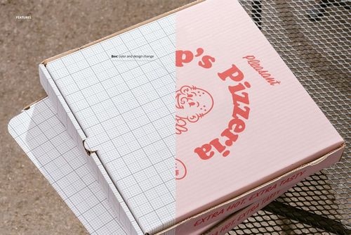 Rectangular pizza box mockup displayed outdoors on a metal mesh table, showing half blank grid and half pink design.