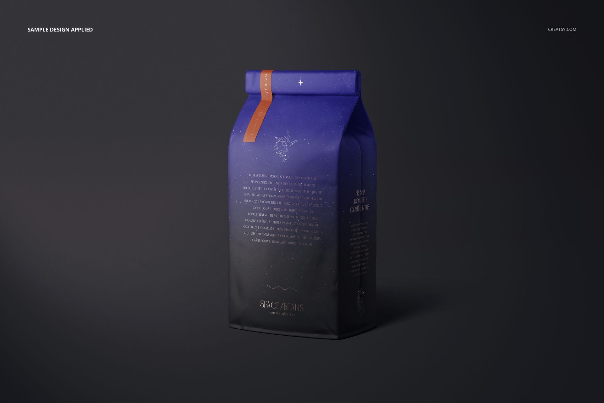 Matte finish coffee bag mockup with a blue and black color scheme, shown in a front angled view on a dark background.