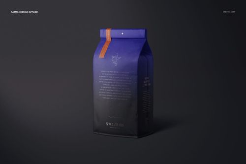 Matte finish coffee bag mockup with a blue and black color scheme, shown in a front angled view on a dark background.