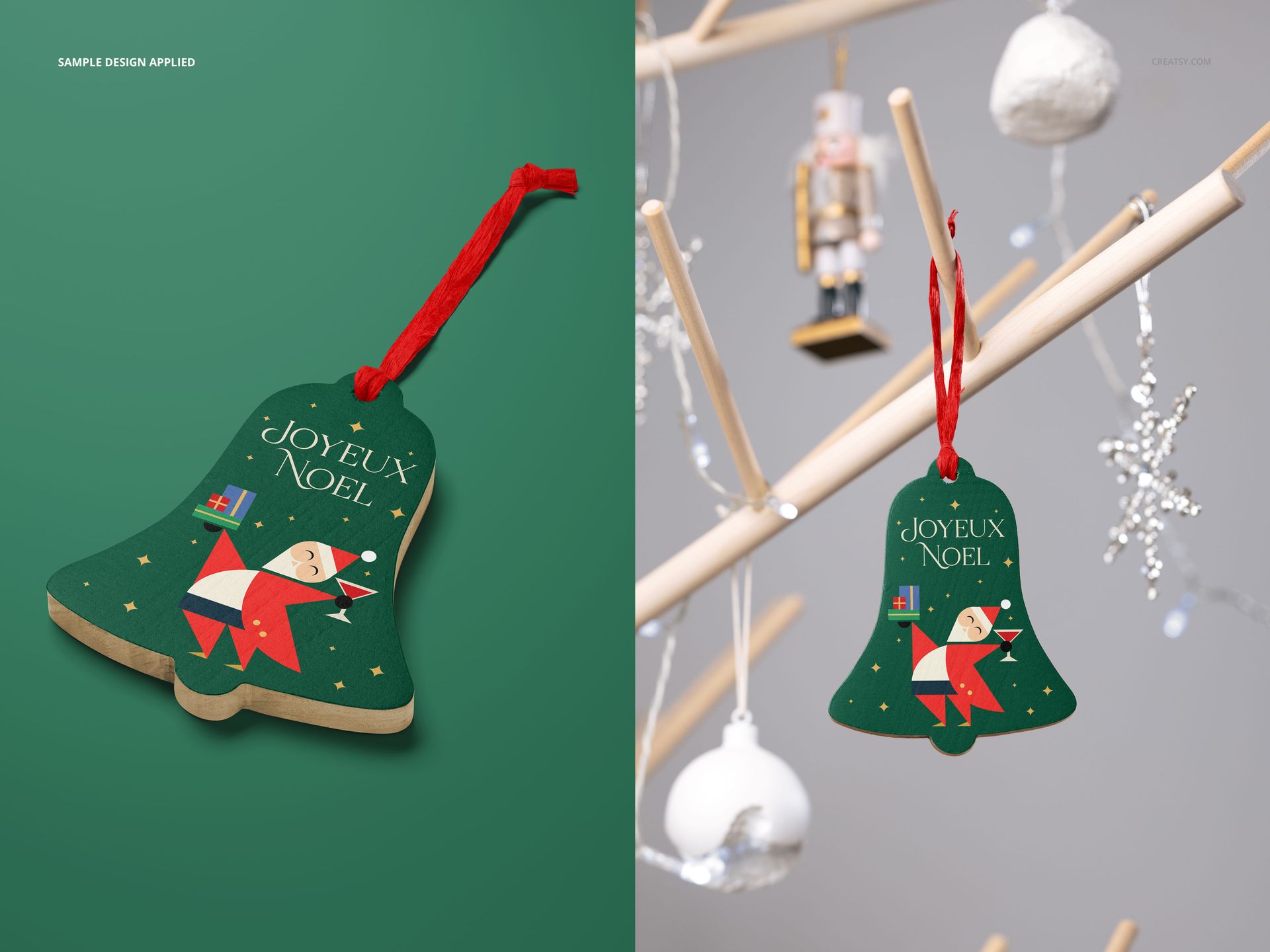 Christmas bell ornament mockup featuring a wooden shape, colorful design, and red hanging cord, displayed in two settings.