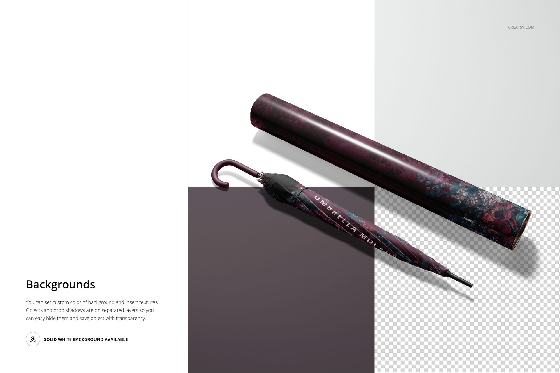 Umbrella packaging mockup set with dark patterned tube and umbrella, arranged on a geometric split background.
