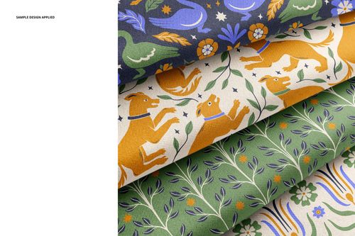 Fabric mockup showing layered twill silk pieces with intricate nature-inspired patterns and vivid colors.