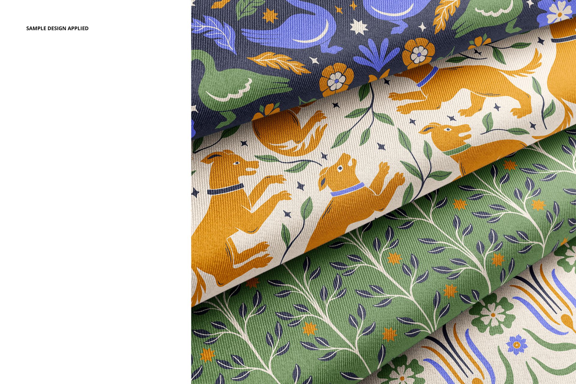 Fabric mockup showing layered twill silk pieces with intricate nature-inspired patterns and vivid colors.