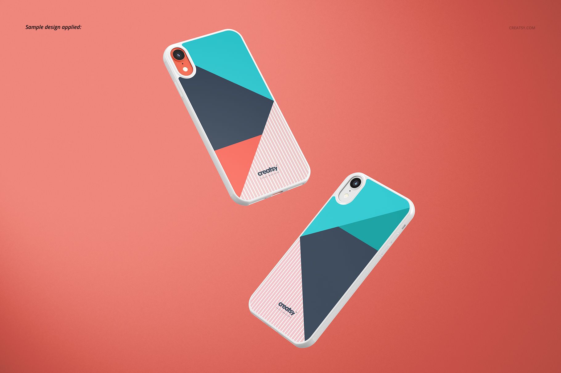 PSD mockup of two white iPhone XR cases with colorful angular patterns, displayed against a plain coral backdrop.