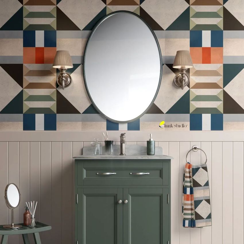 Bathroom cabinet wallpaper mockup featuring a geometric mural wall, oval mirror, and green vanity with modern decor.