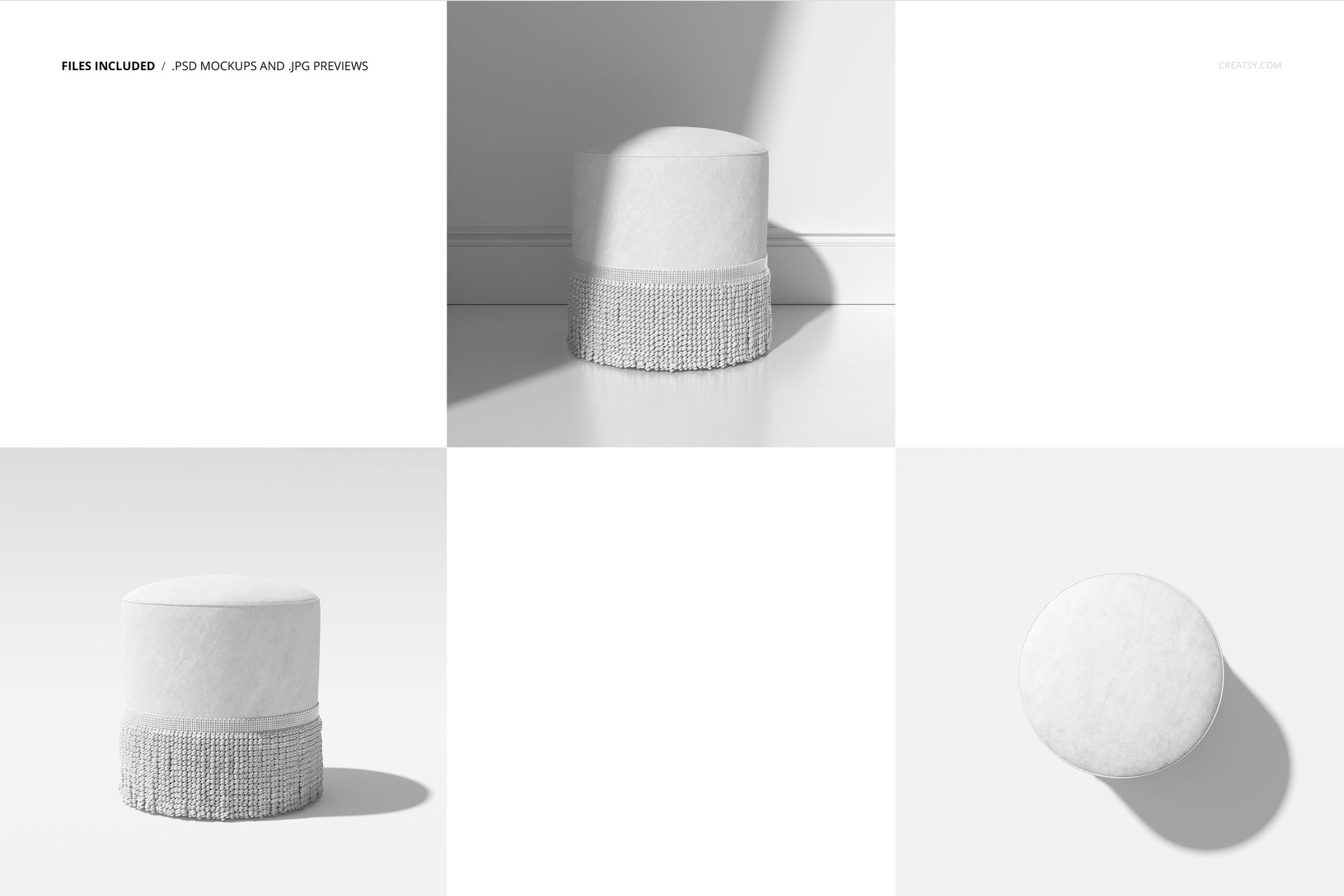 Round fringed velvet footstool mockup shown in white, featuring a textured fringe detail and shadowed lighting.
