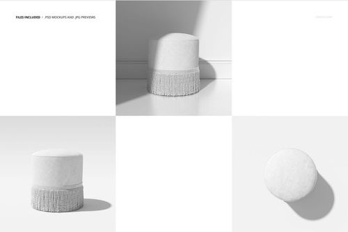 Round fringed velvet footstool mockup shown in white, featuring a textured fringe detail and shadowed lighting.
