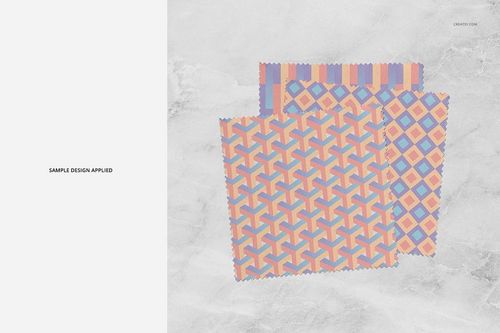Microfiber glasses cleaning cloth mockup set featuring three cloths with geometric patterns on a light surface.