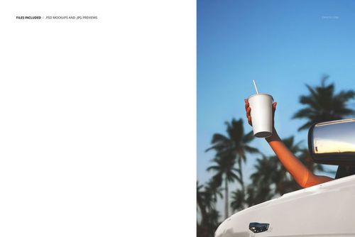 PSD mockup showing a beverage paper cup being held from a car window with palm trees and blue sky behind.