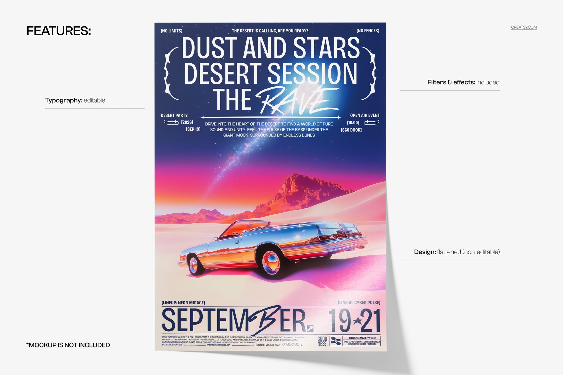 PSD mockup of a vertical poster showing a vintage car in a vibrant desert scene with mountains and neon colors.