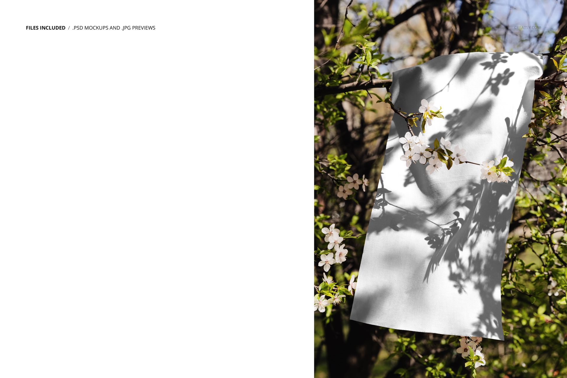 PSD mockup showing plain white fabric hanging on a tree branch surrounded by spring blossoms and foliage.