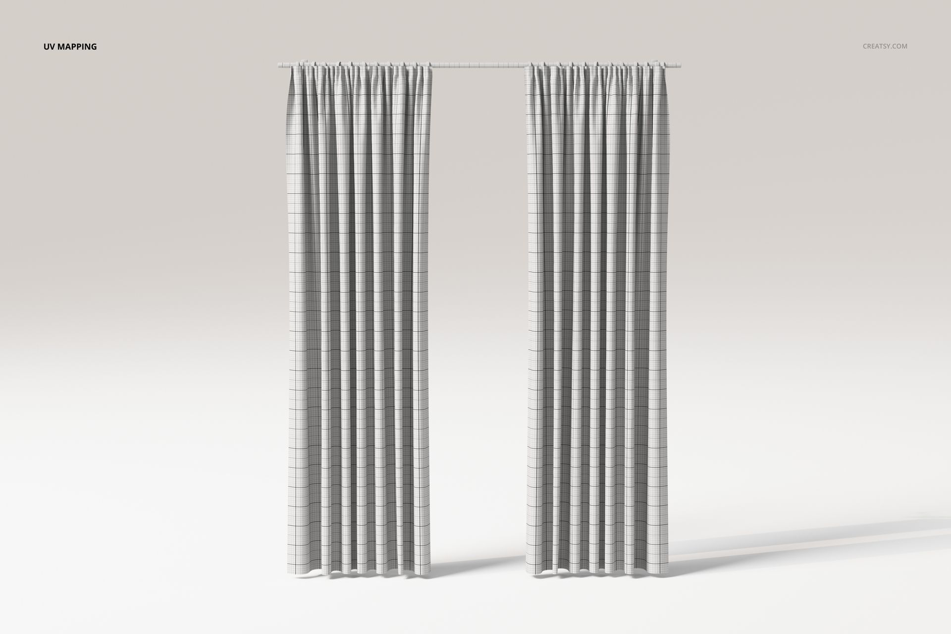Front view of two wave pleat curtains with a subtle grid pattern, displayed against a plain light background.