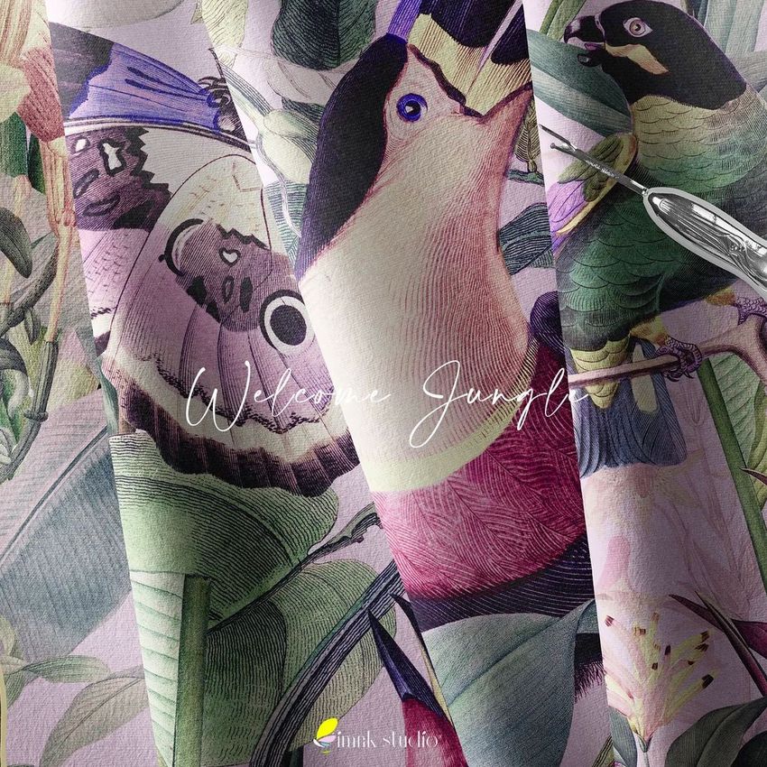 Folded fabrics mockup featuring colorful bird and butterfly illustrations with green leaves, viewed from above.