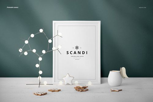Front view of a SCANDI Christmas scene mockup featuring a white frame, abstract tree light, and festive cookies.