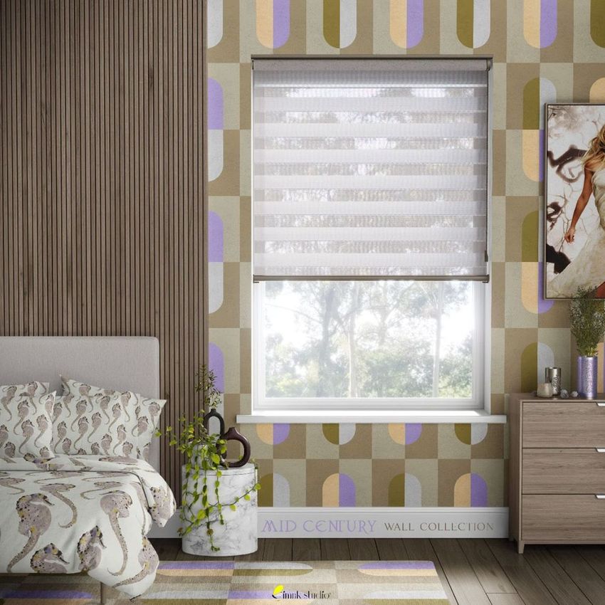 Modern bedroom mockup featuring zebra blinds on a large window, patterned wallpaper, and mid-century style decor elements.