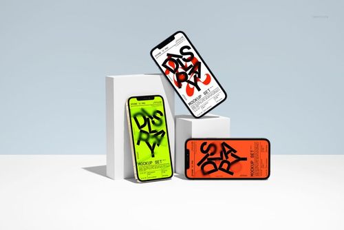 iPhone 12 Pro mockup set featuring three phones with vibrant screen designs, positioned on minimalist white blocks.