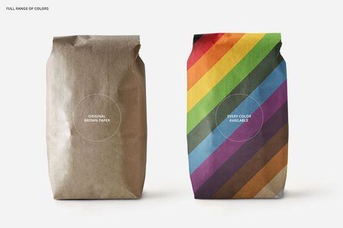 Packaging mockup set with a neutral brown paper bag and a multicolored gradient bag, both standing upright against a white backdrop.