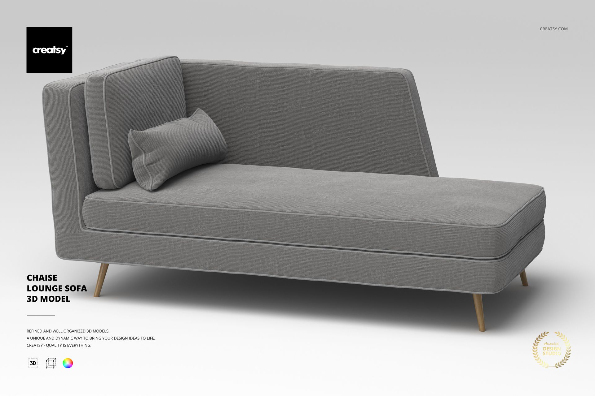 Modern chaise lounge sofa in light gray fabric with angled backrest and cushion, shown on a plain white background.