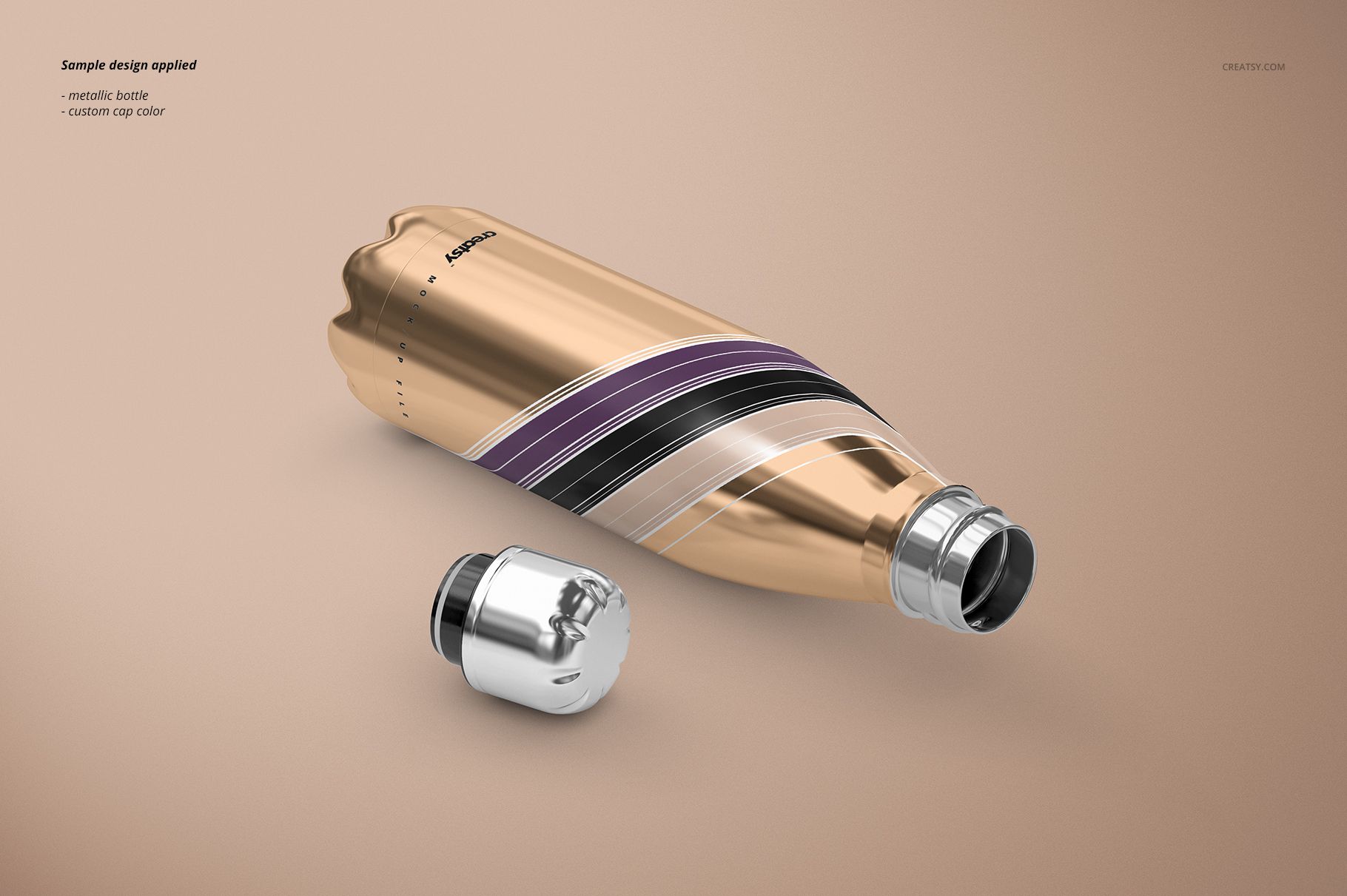 Metallic double wall vacuum water bottle mockup with silver cap, featuring black and purple stripes, front angled view.