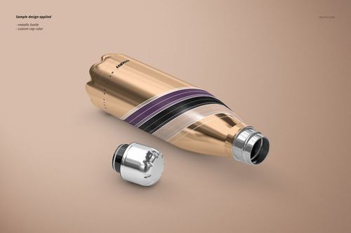 Metallic double wall vacuum water bottle mockup with silver cap, featuring black and purple stripes, front angled view.