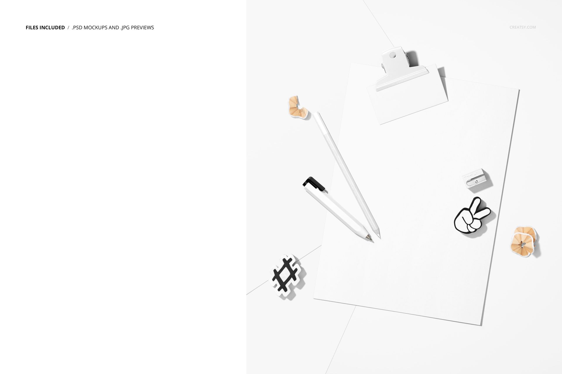 Top view of a notepad poster mockup on a white desk with pencil, eraser, paper clips, and cartoon stickers.