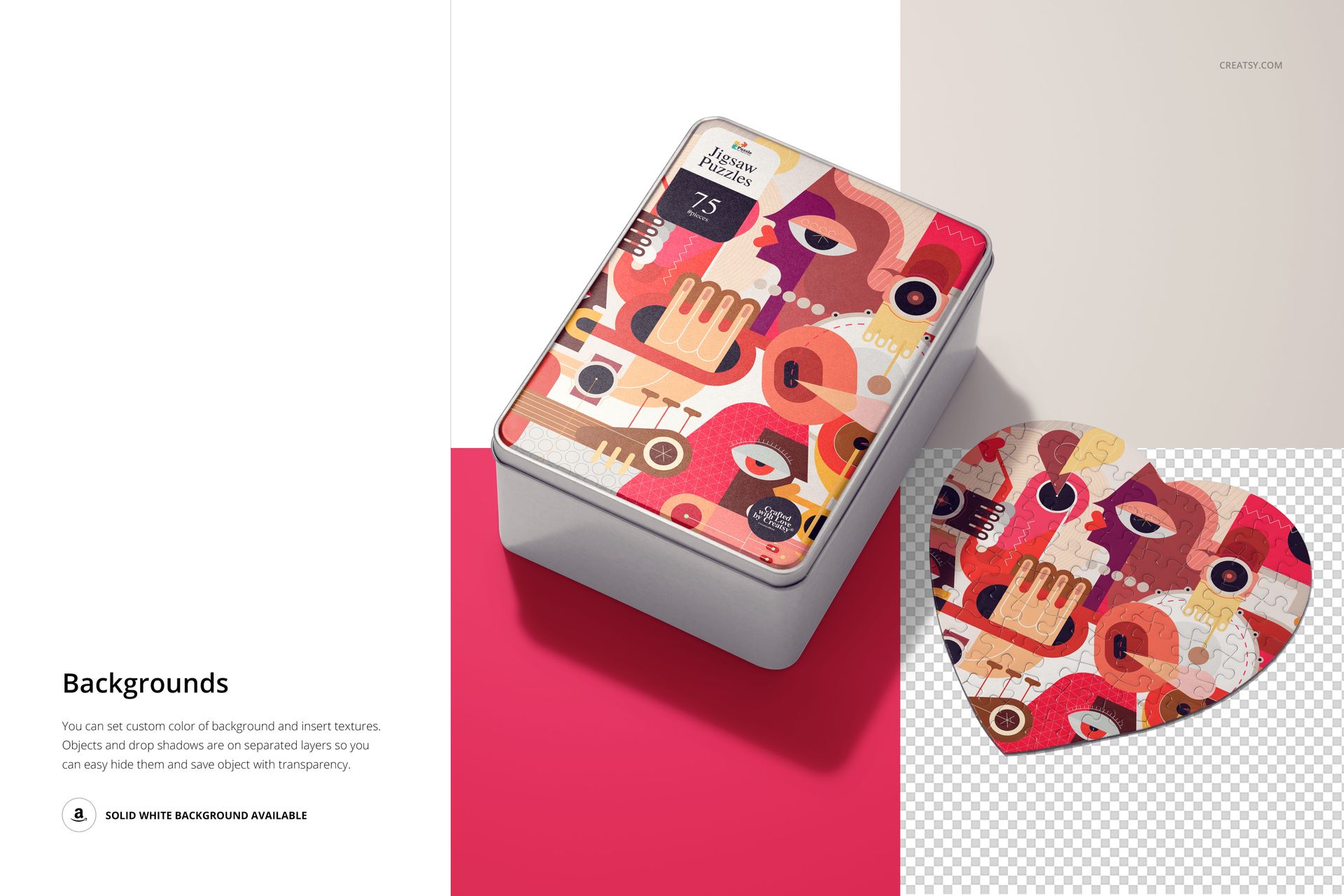 Heart-shaped jigsaw puzzle with abstract colorful pattern next to a vertical puzzle box, shown in a top view mockup.