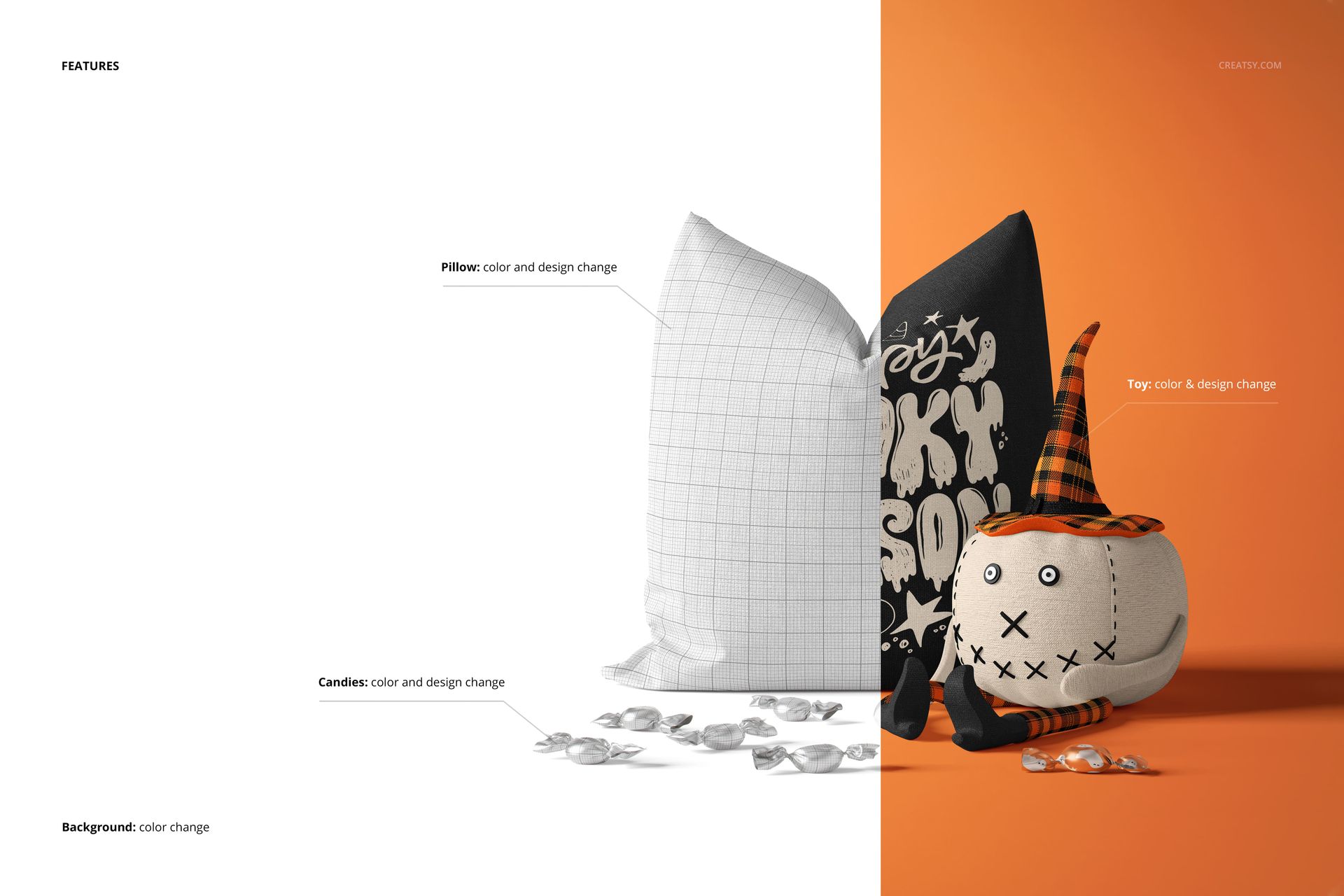 Front view of a Halloween pillow and toy pumpkin mockup on an orange background, with candies scattered nearby.