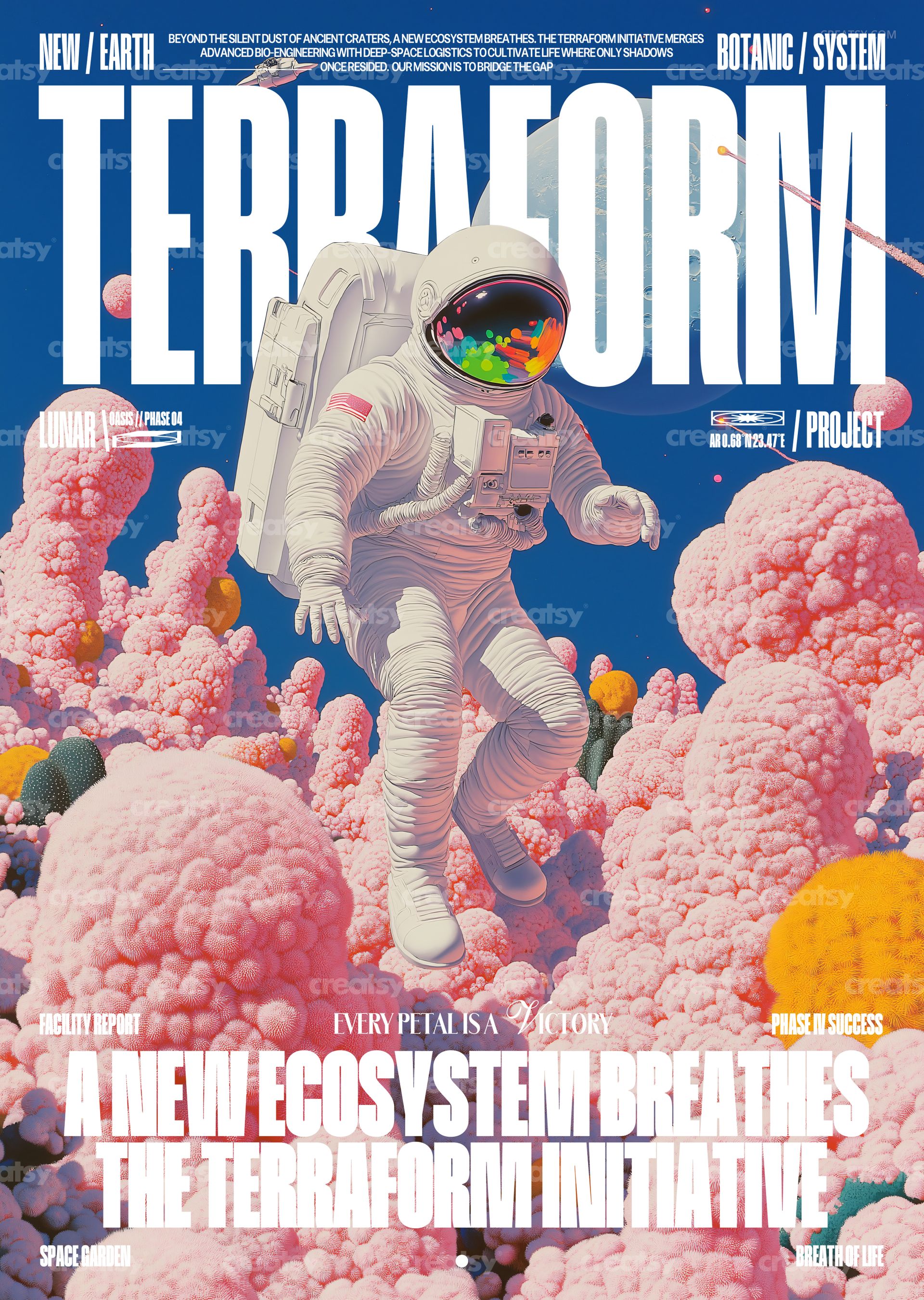 Poster mockup featuring an astronaut floating among pink and orange organic shapes with cosmic scenery in the background.