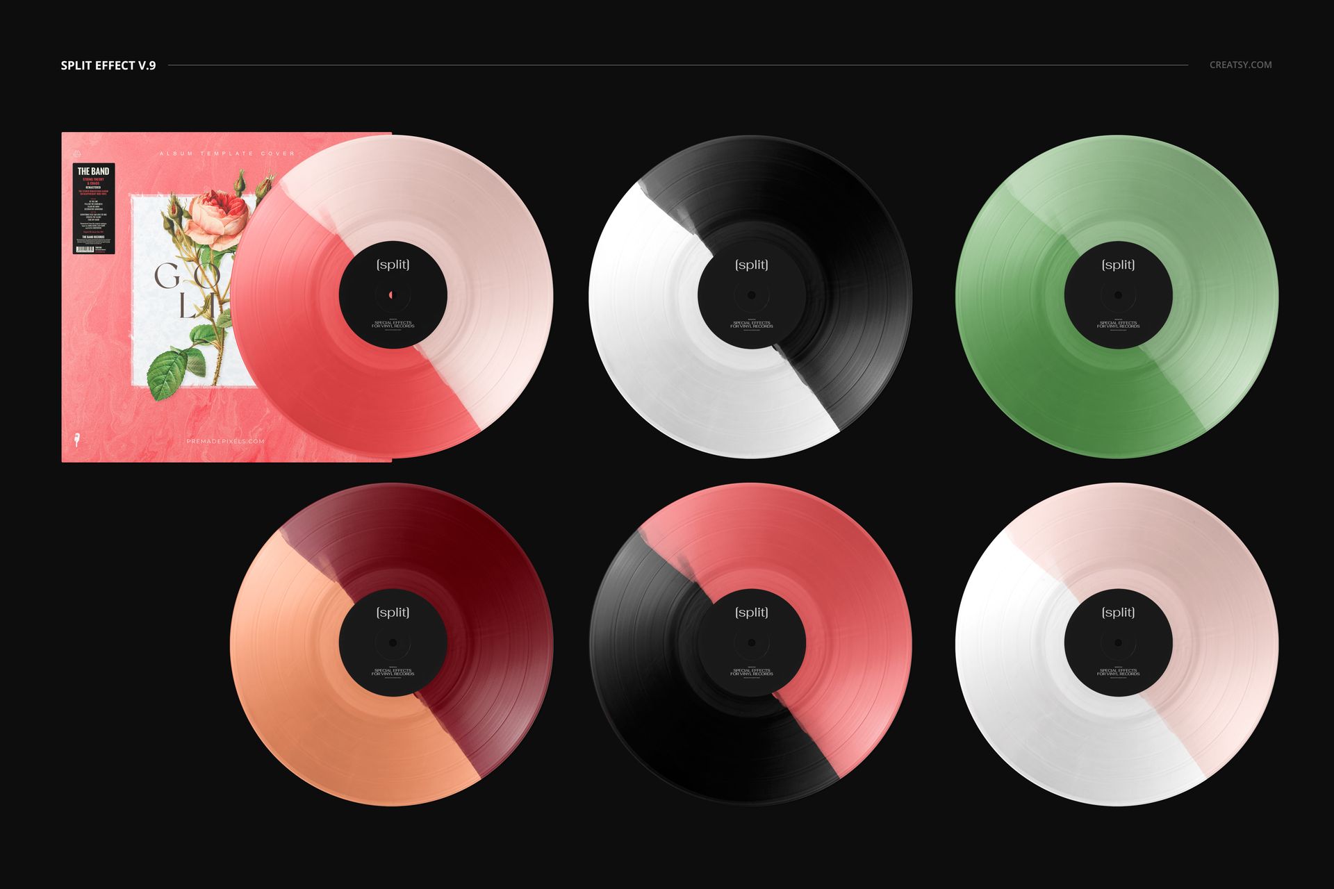 Mockup set displaying six vinyl records with unique half-and-half color styles and a pink floral cover on a dark background.