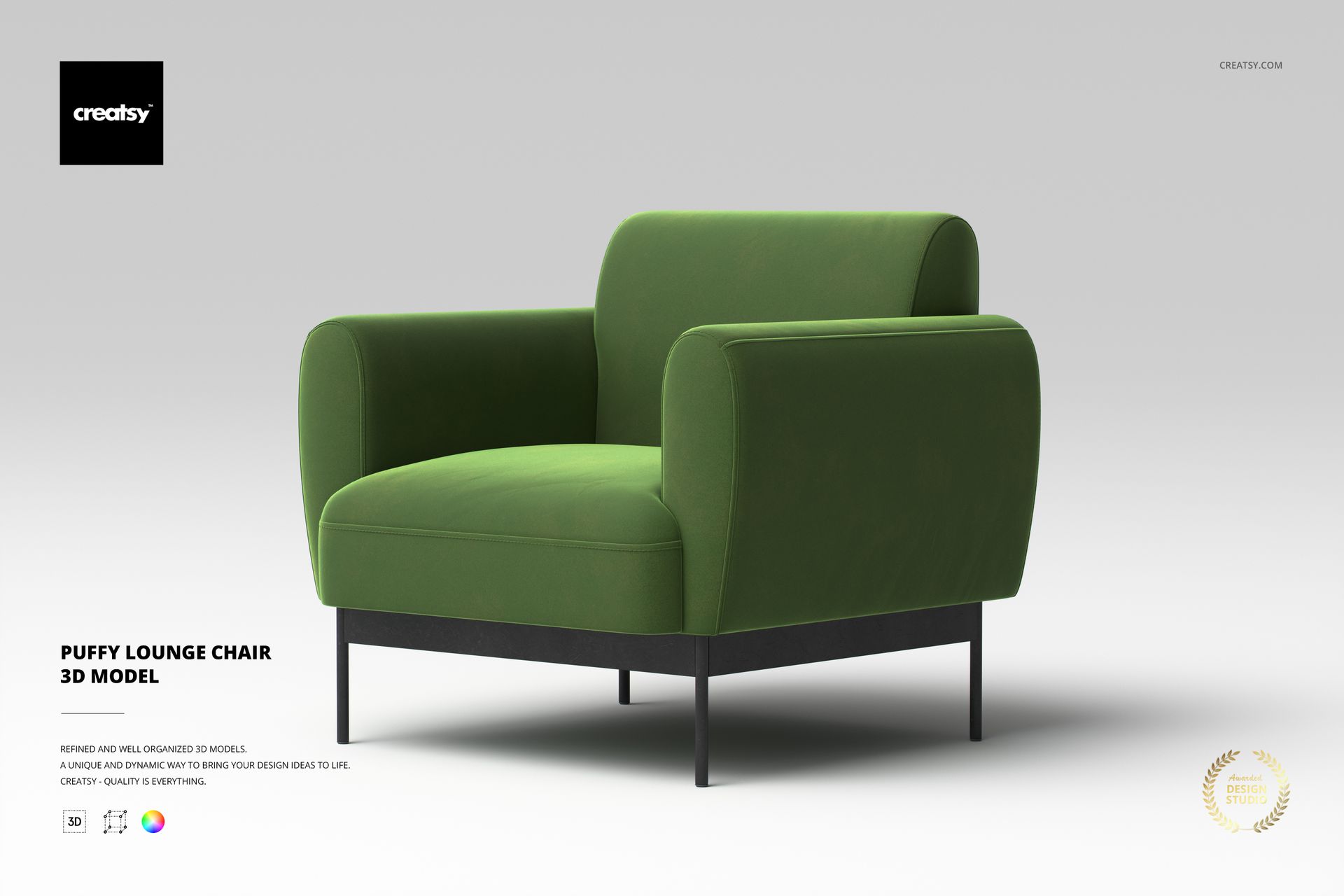 Front view of a puffy lounge chair with rounded edges, upholstered in solid green fabric and supported by black legs.