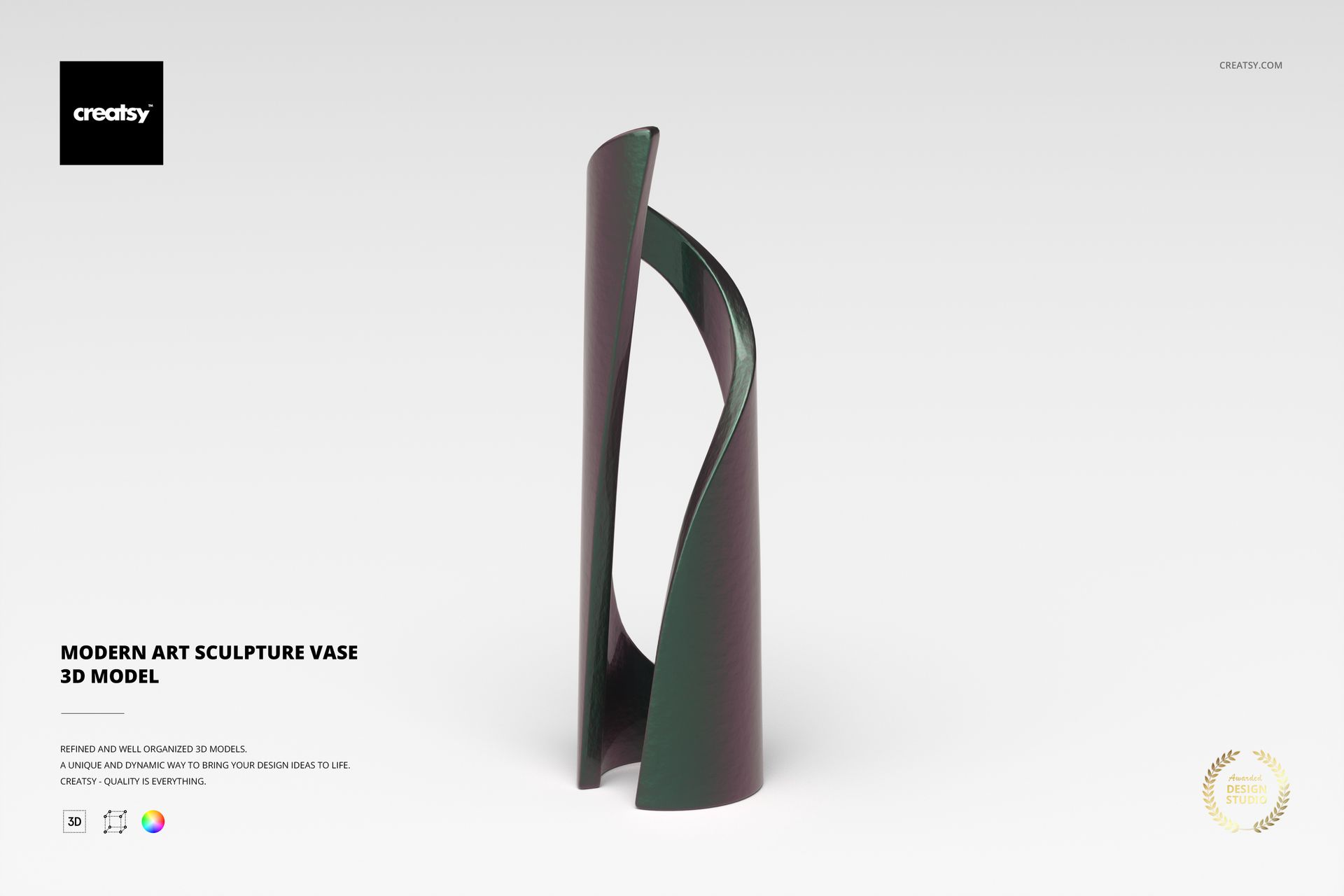 Modern art sculpture vase with a twisted, abstract shape in dark green, displayed on a plain white background, front view.