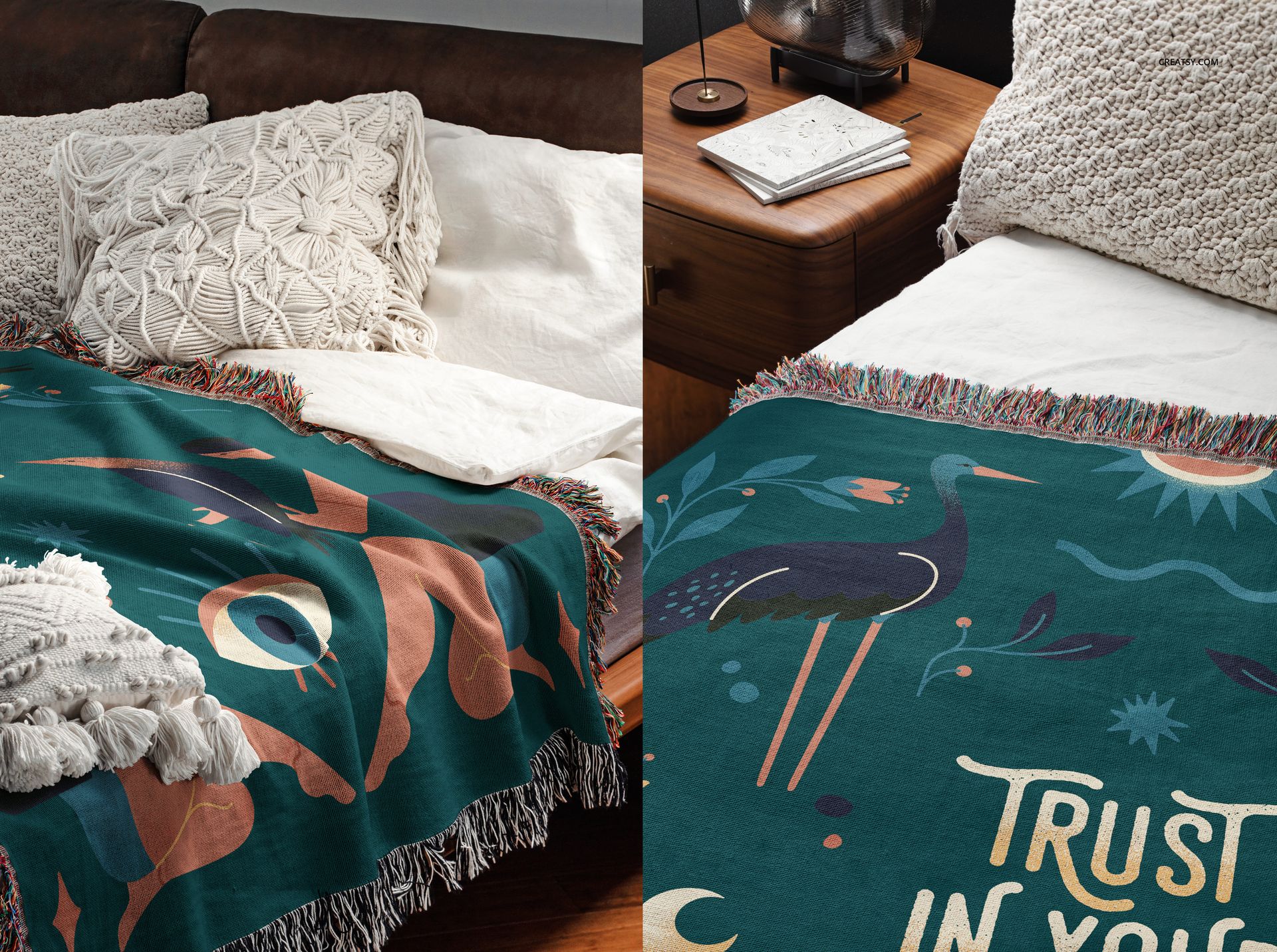 PSD mockup of a woven throw blanket with multicolored design and fringe, shown on a bed next to a wooden nightstand.