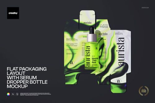 Flat Packaging Layout with Serum Dropper Bottle Mockup - mockup preview 1