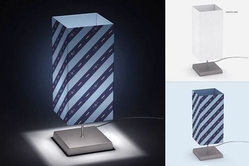PSD mockup featuring a rectangular lampshade on a square metal stand, displayed with three different color backgrounds.