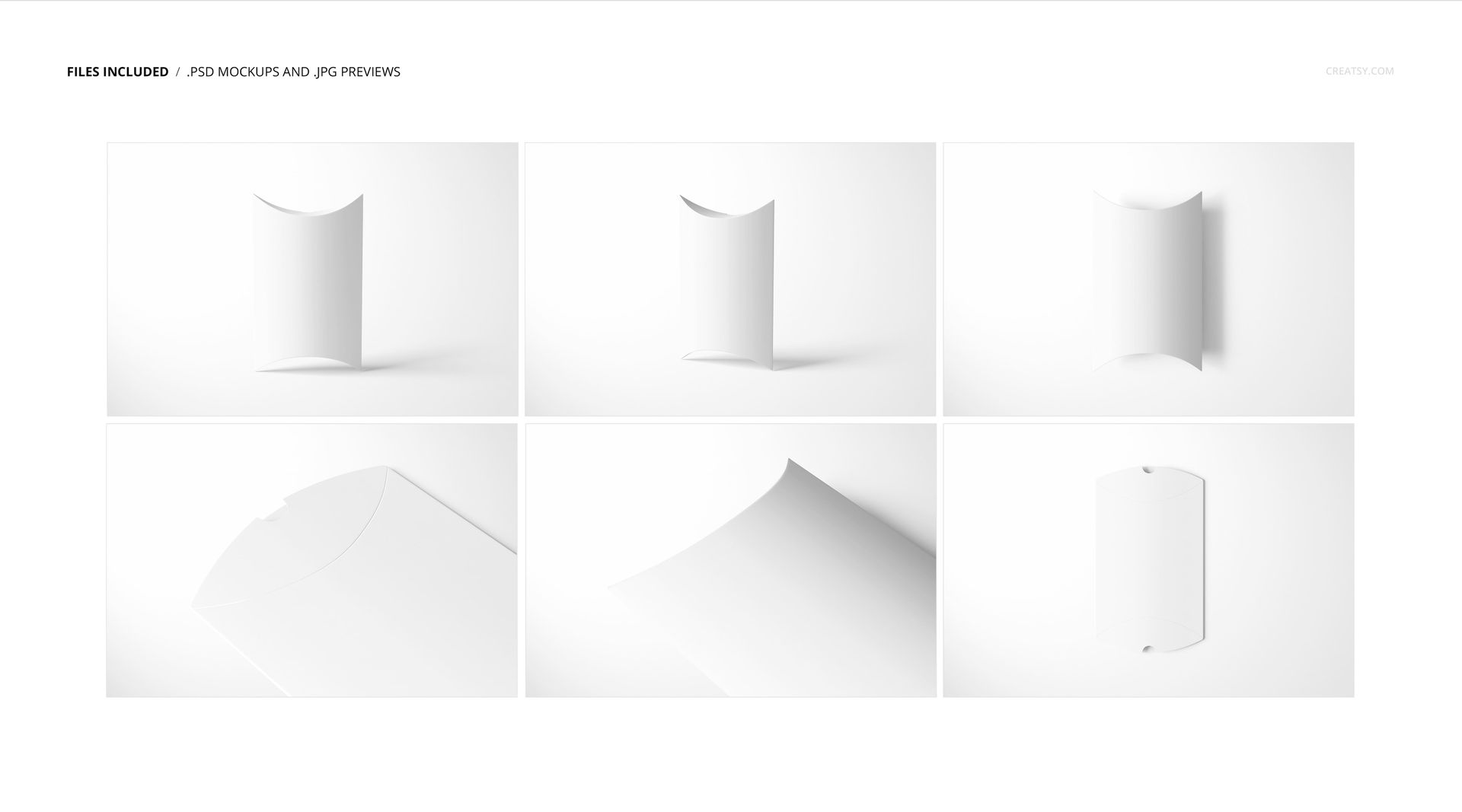 Matte pillow box mockup set featuring six views of a plain white curved box on a light background.