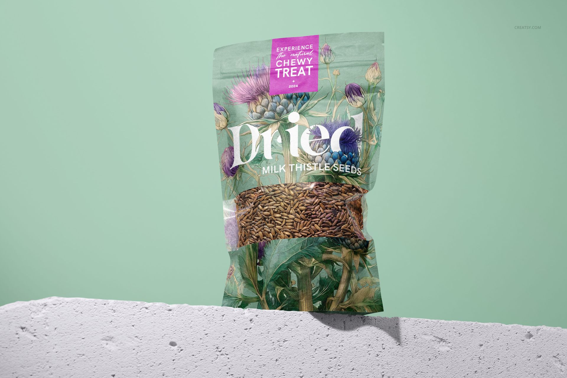 Standing milk thistle seeds pouch mockup with transparent window, showing seeds and floral artwork against pastel green.