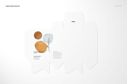 Flat lay of a tuck top crash lock box mockup with abstract shapes in brown, orange, and blue on a white background.