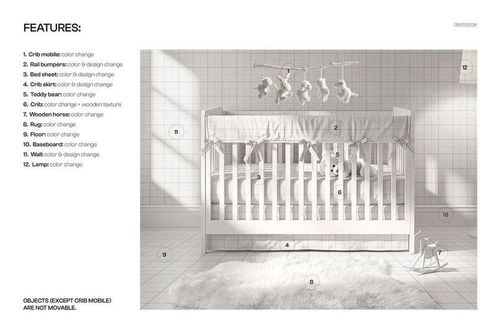 White crib in a nursery with a crib skirt and rail cover mockup, plush rug, and hanging mobile in a bright room.